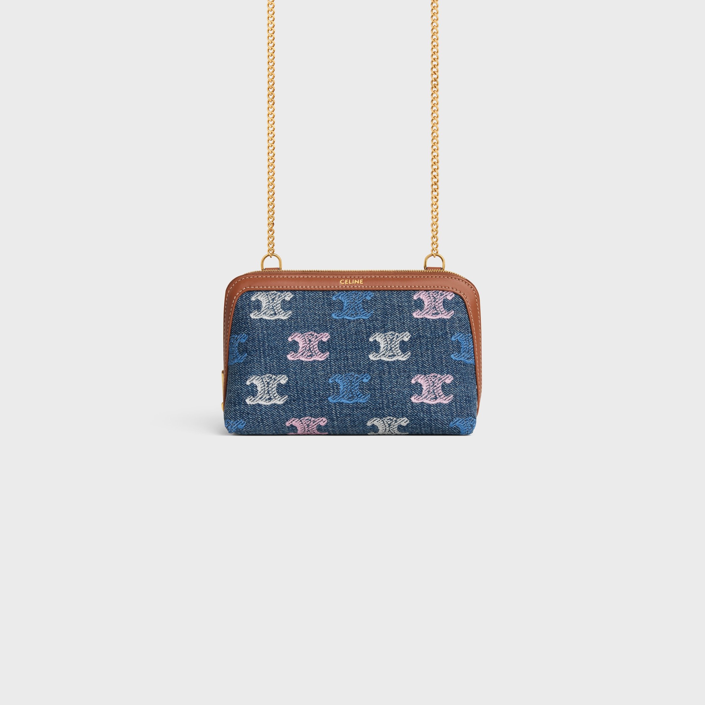 Celine Clutch On Chain Cuir Triomphe In Denim With Triomphe All Over In Blue