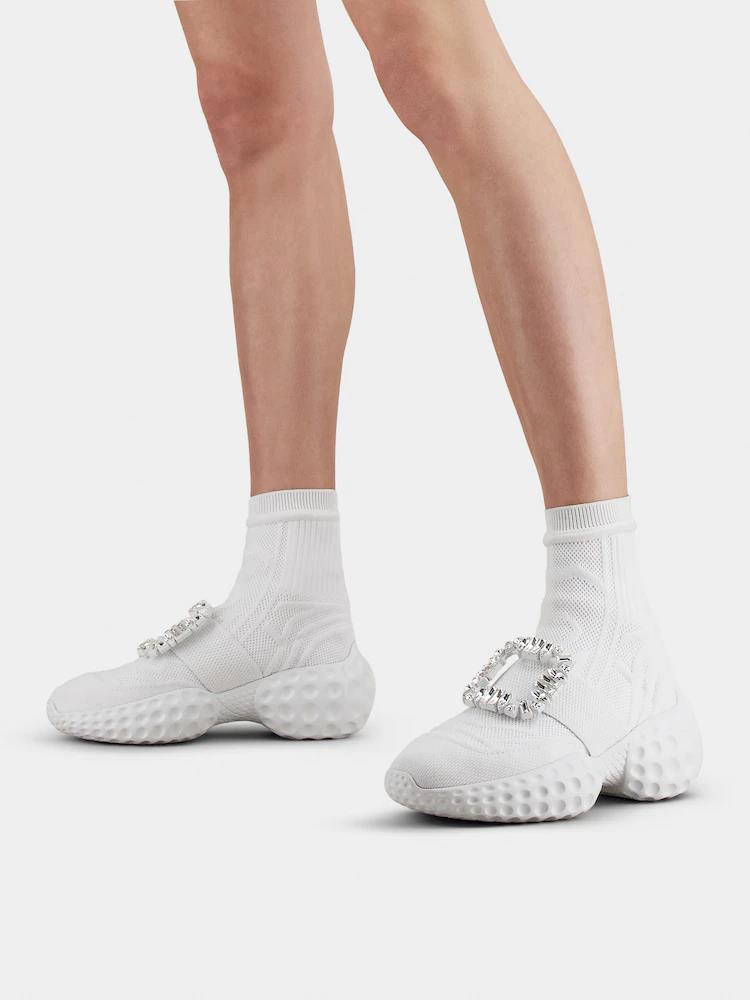 Shop Roger Vivier Viv' Run Light Socks Strass Buckle Ankle Boots In Fabric In White