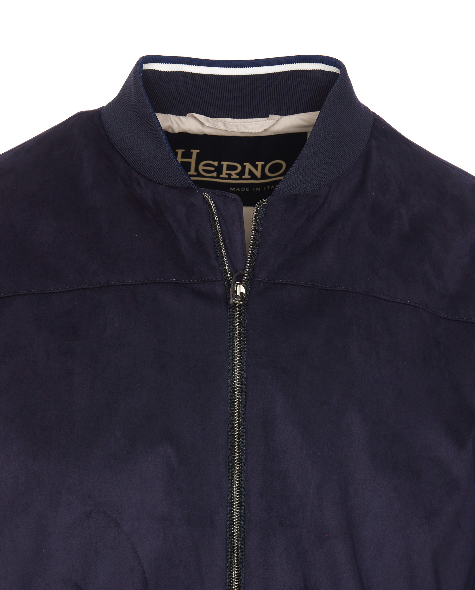 Herno Dark Blue Suede Bomber With Mandarin Collar In Black