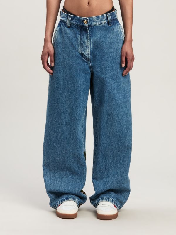 Palm Angels Jungle Printed Jeans In Blue