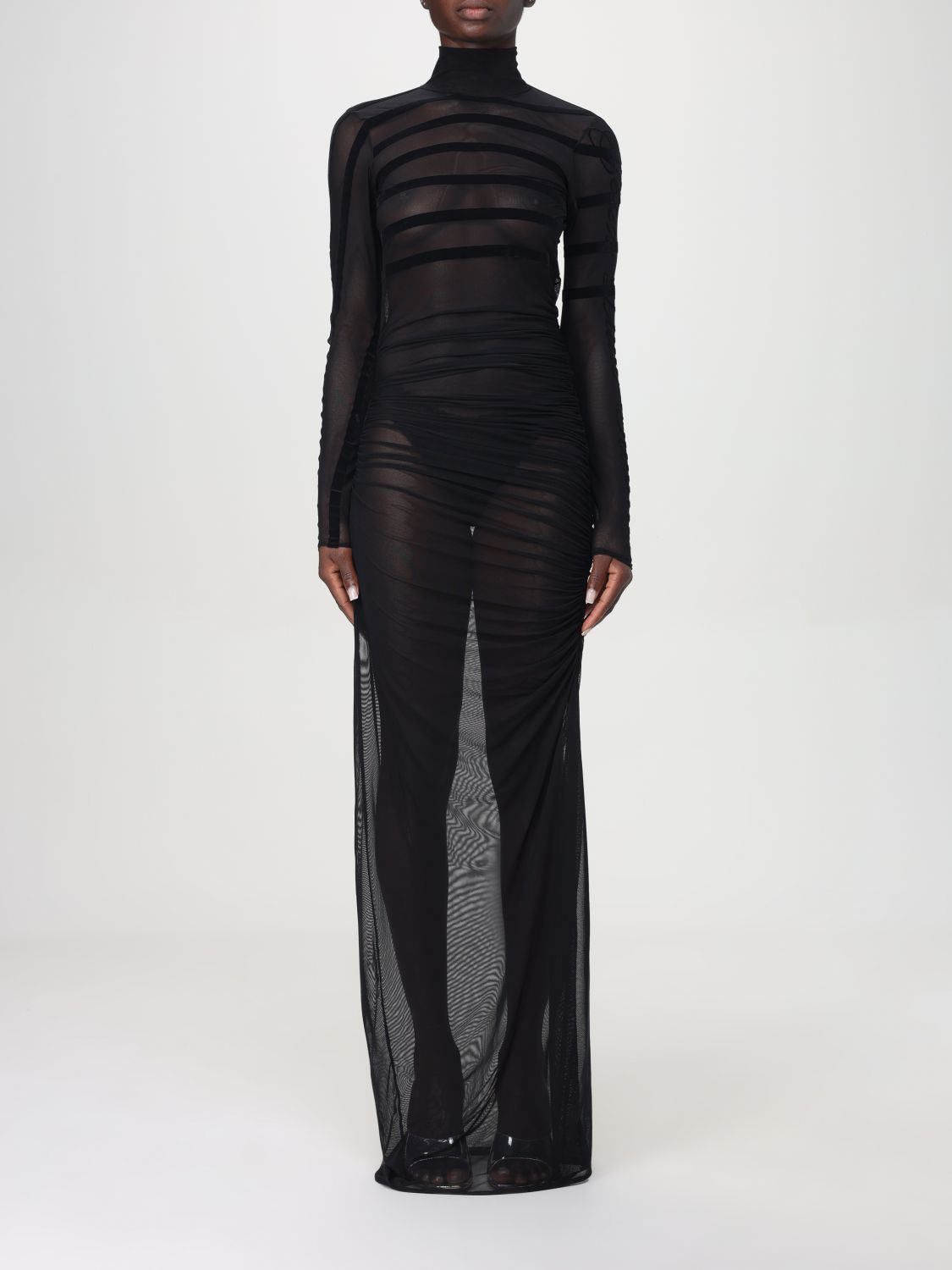 JEAN PAUL GAULTIER FLOCKED-STRIPE MESH MAXI DRESS