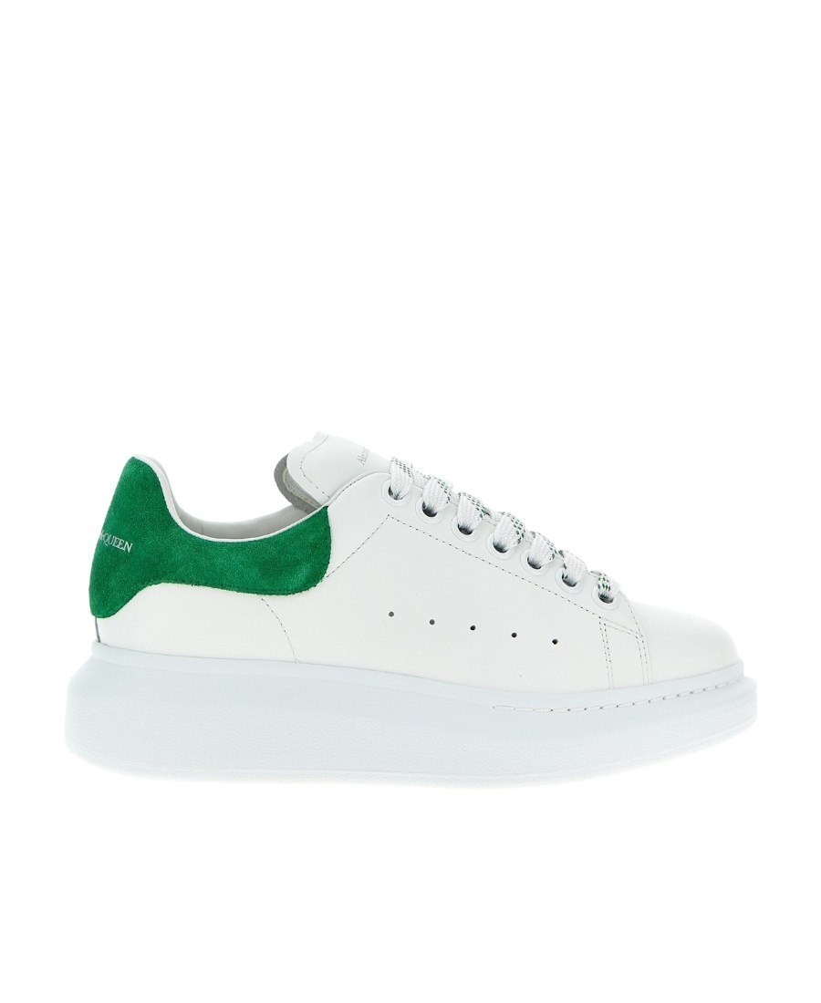 Alexander Mcqueen White Leather Sneakers With Grass Green Suede Heel In White