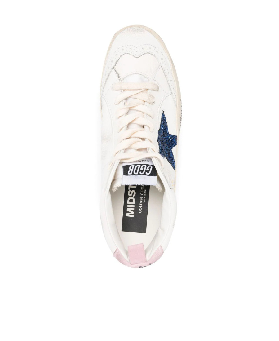 Golden Goose Mid Star With Blue Glitter Star And Pink Suede Heel Tab In White