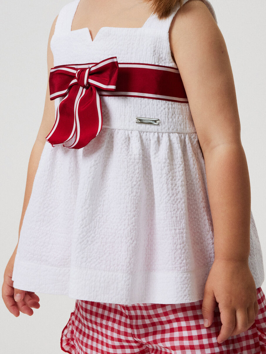 Monnalisa Seersucker Top With Maxi Bow In White