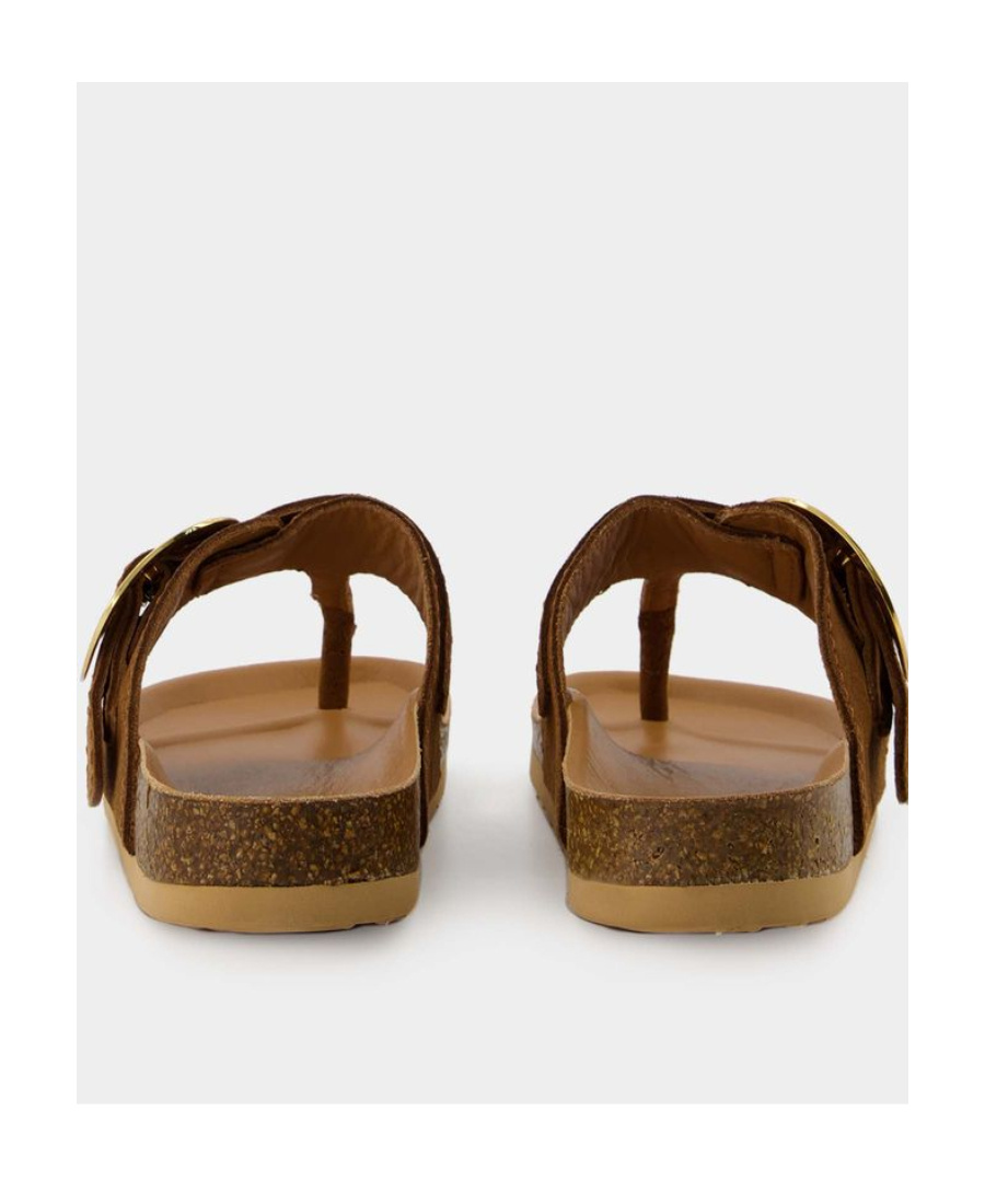 See By Chloé Gold-tone Plaque Suede Slides In Brown