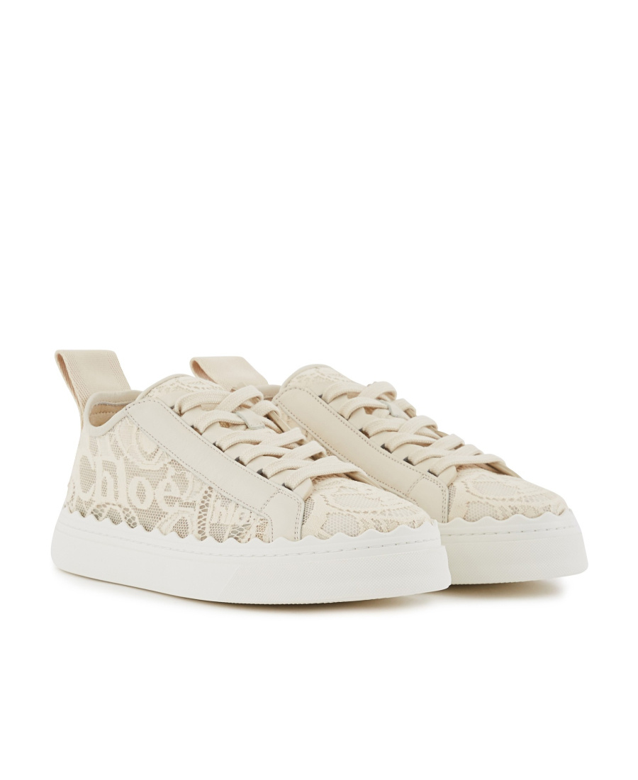 Chloé Lauren Scalloped Leather-trimmed Lace High-top Sneakers In Nude