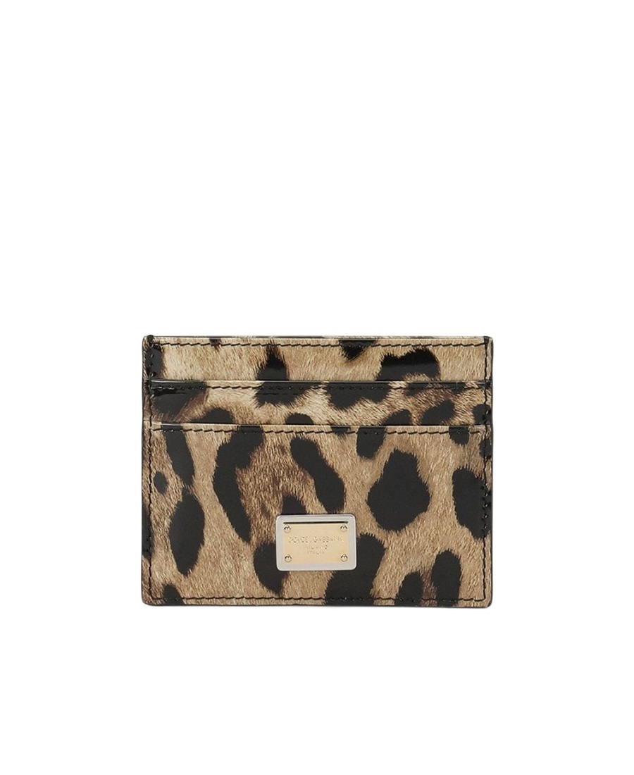 Dolce & Gabbana Calfskin Leopard Print Card Holder In Nude