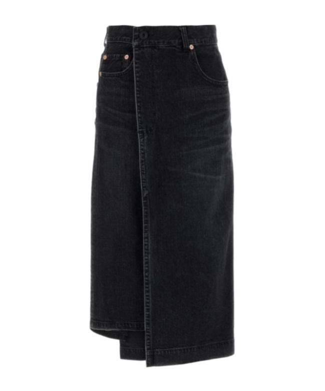 Sacai Asymmetric-hem Denim Midi Skirt In Black
