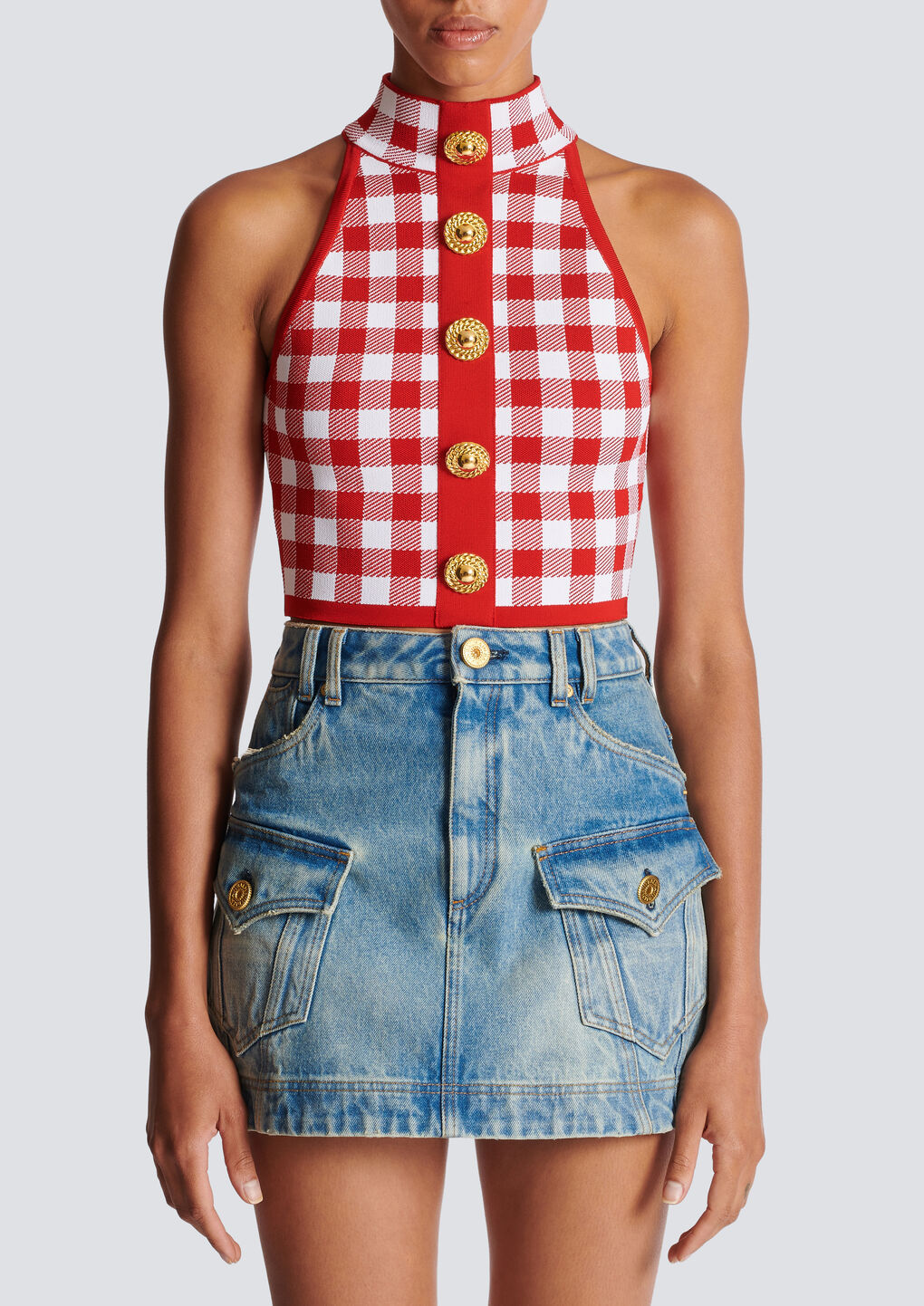 Balmain Cropped Button-embellished Gingham Knitted Top In Red