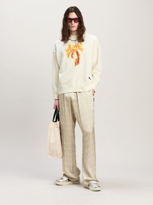 Palm Angels White Crewneck Sweatshirt With Burning Logo Print In Cotton Man In White