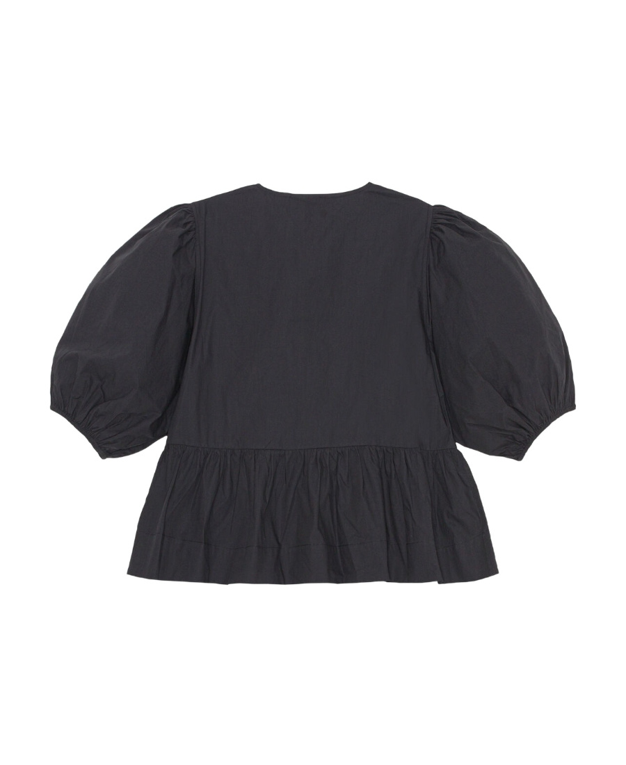 Ganni Poplin Front-tie Peplum Blouse With Puffed-sleeves In Black
