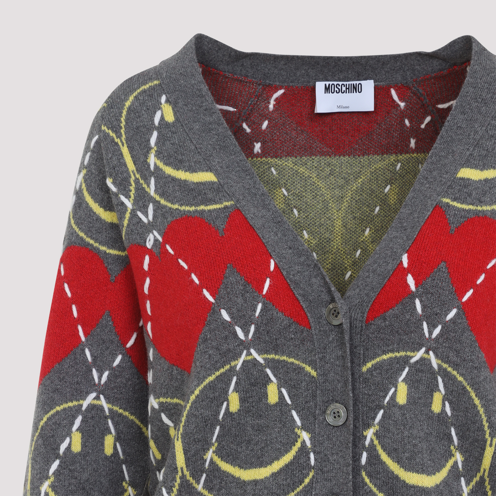 Moschino Jacquard Smile Wool Blend Cardigan In Gray
