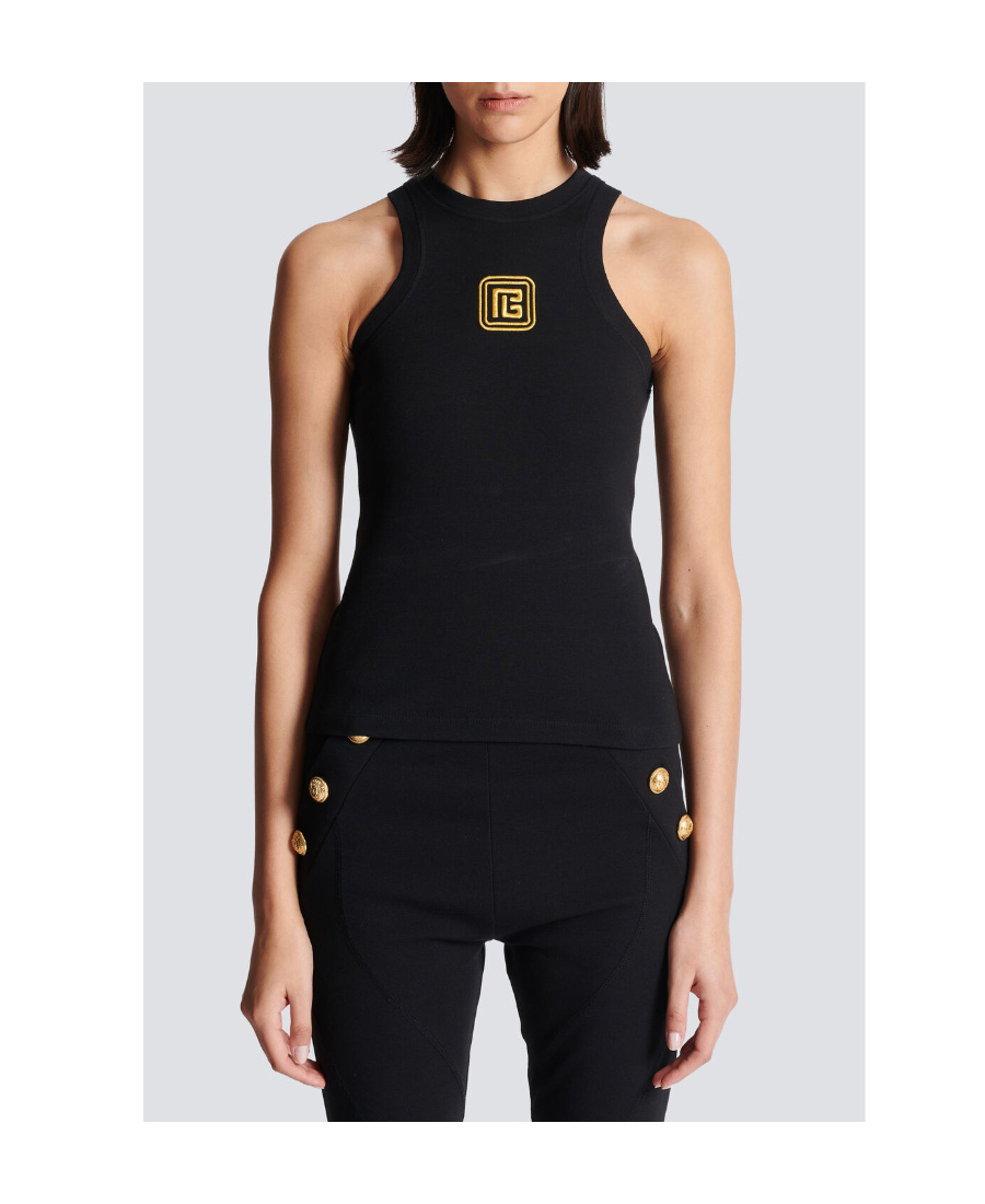 Balmain Sleeveless Top With Pb In Black