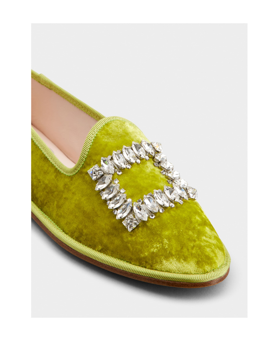 Shop Roger Vivier Babby Viv' Strass Embroidered Buckle Velvet Loafers In Green