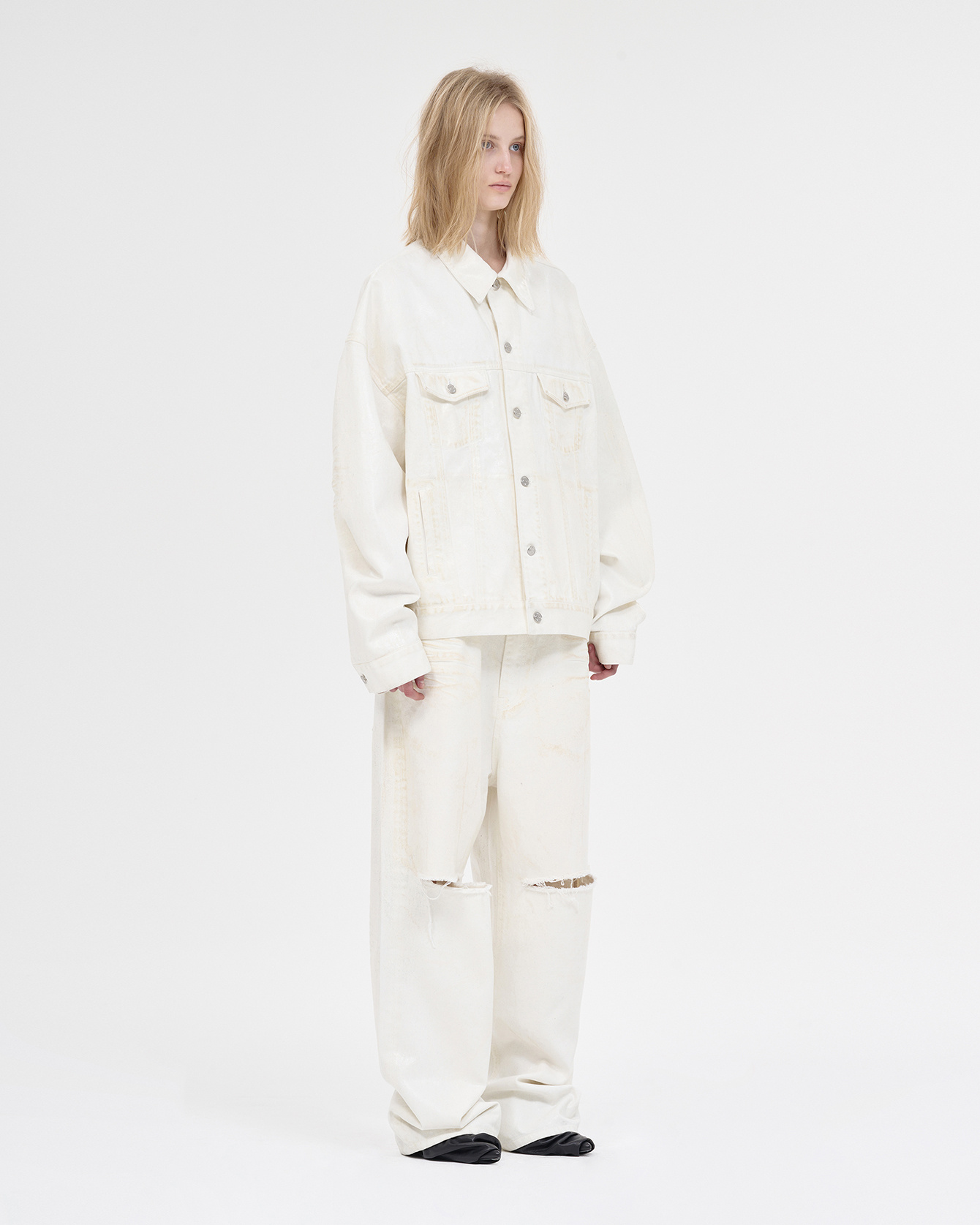We11 Done Single-breasted Denim Jacket In White