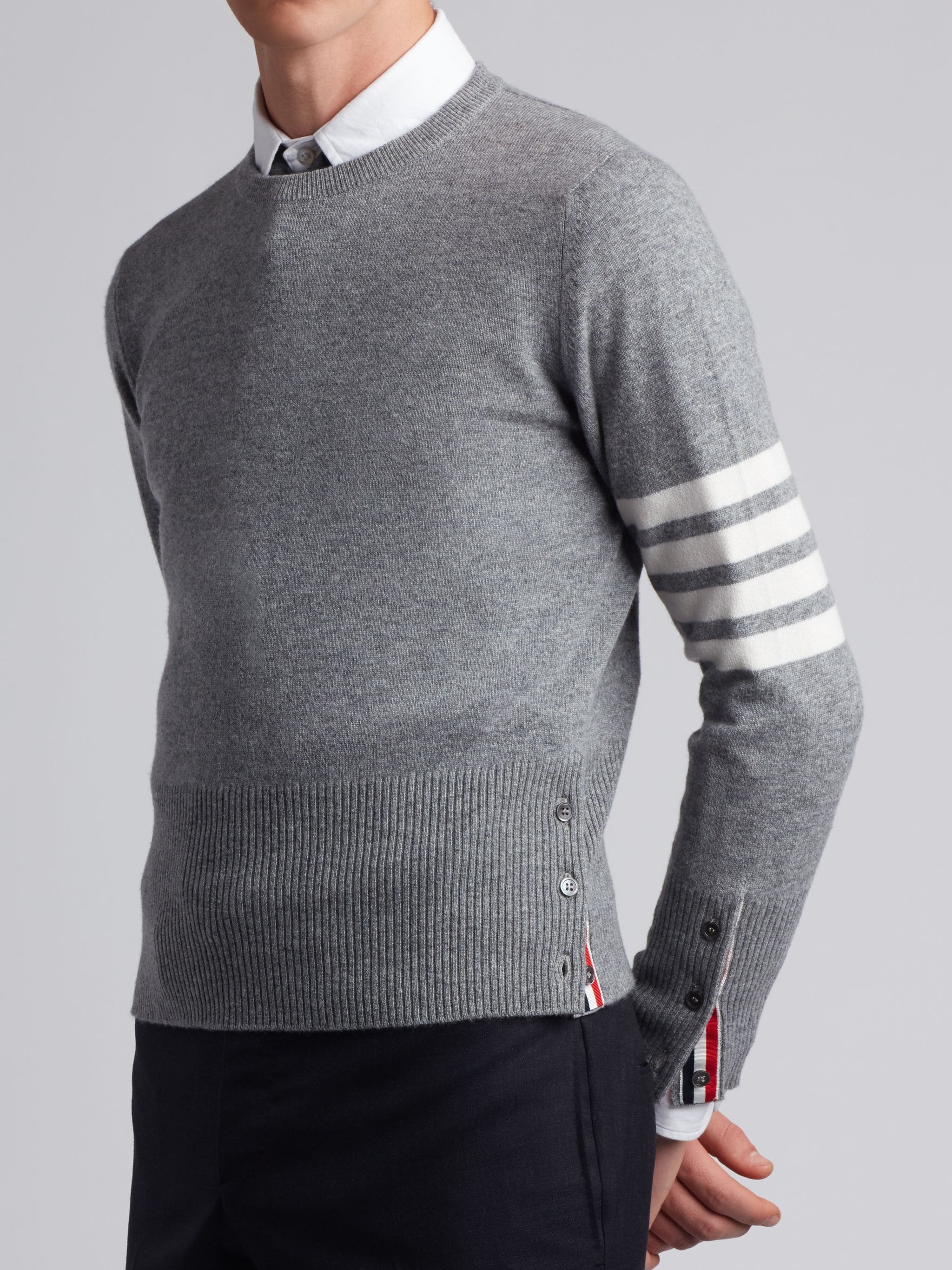 Thom Browne Crewneck Sweater With Ribbed Cuffs And Hem In Gray