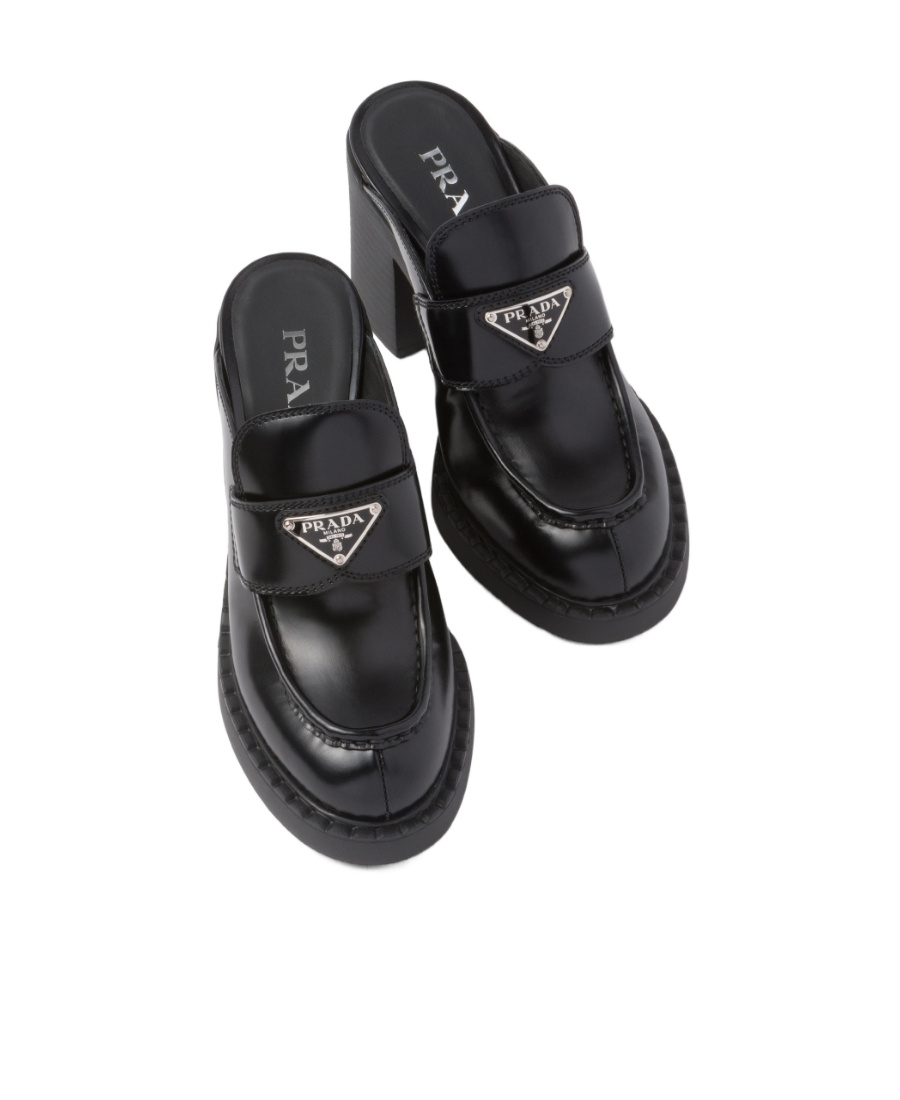 Prada Chocolate Brushed Leather Muller High-heeled Sandals In Black