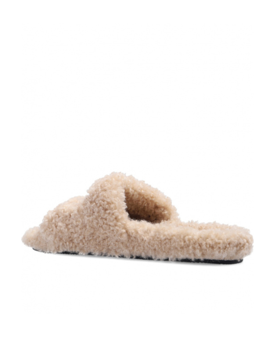 Balenciaga Campaign-logo Faux-shearling Slides In Nude