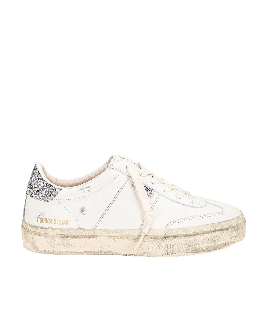 Golden Goose Soul Star Distressed Glittered Sneakers In White