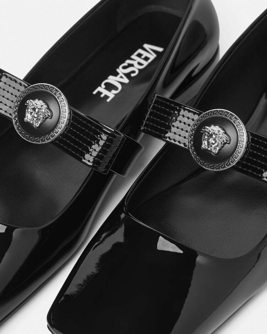 Versace Open-toe Ballet Flats In Gianni Ribbon In Black