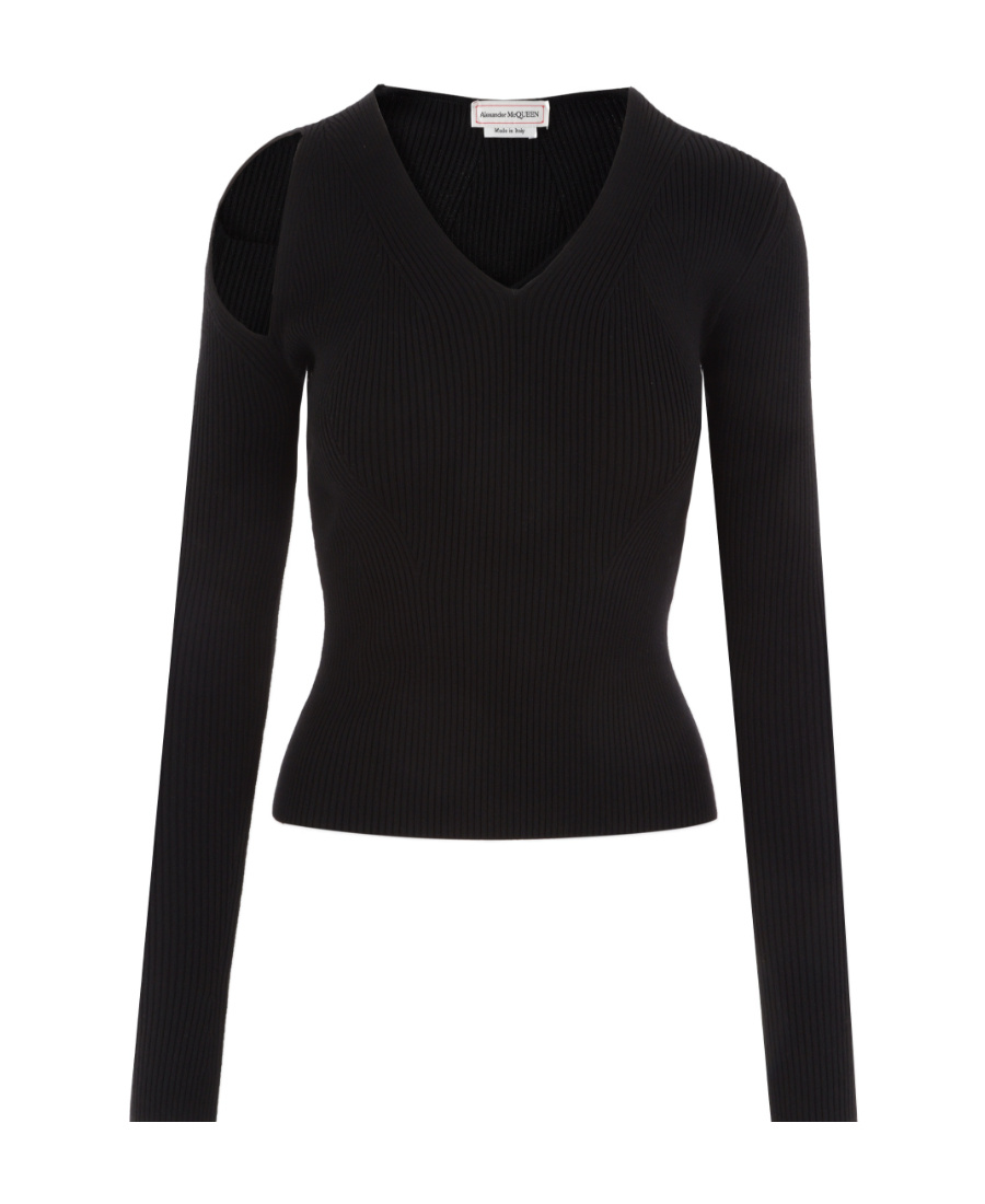Alexander Mcqueen Cutout Ribbed Wool-blend Sweater In Black