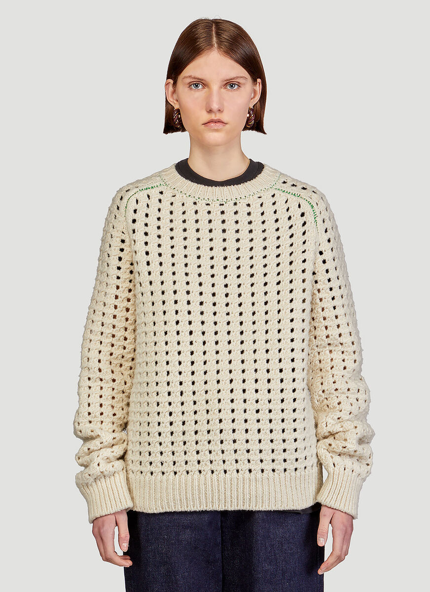 Bottega Veneta Open Mesh Sweater In Ivory Colored Wool In White