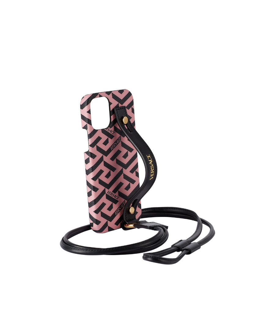Versace La Greca Iphone 12 Mobile Phone Case In Black