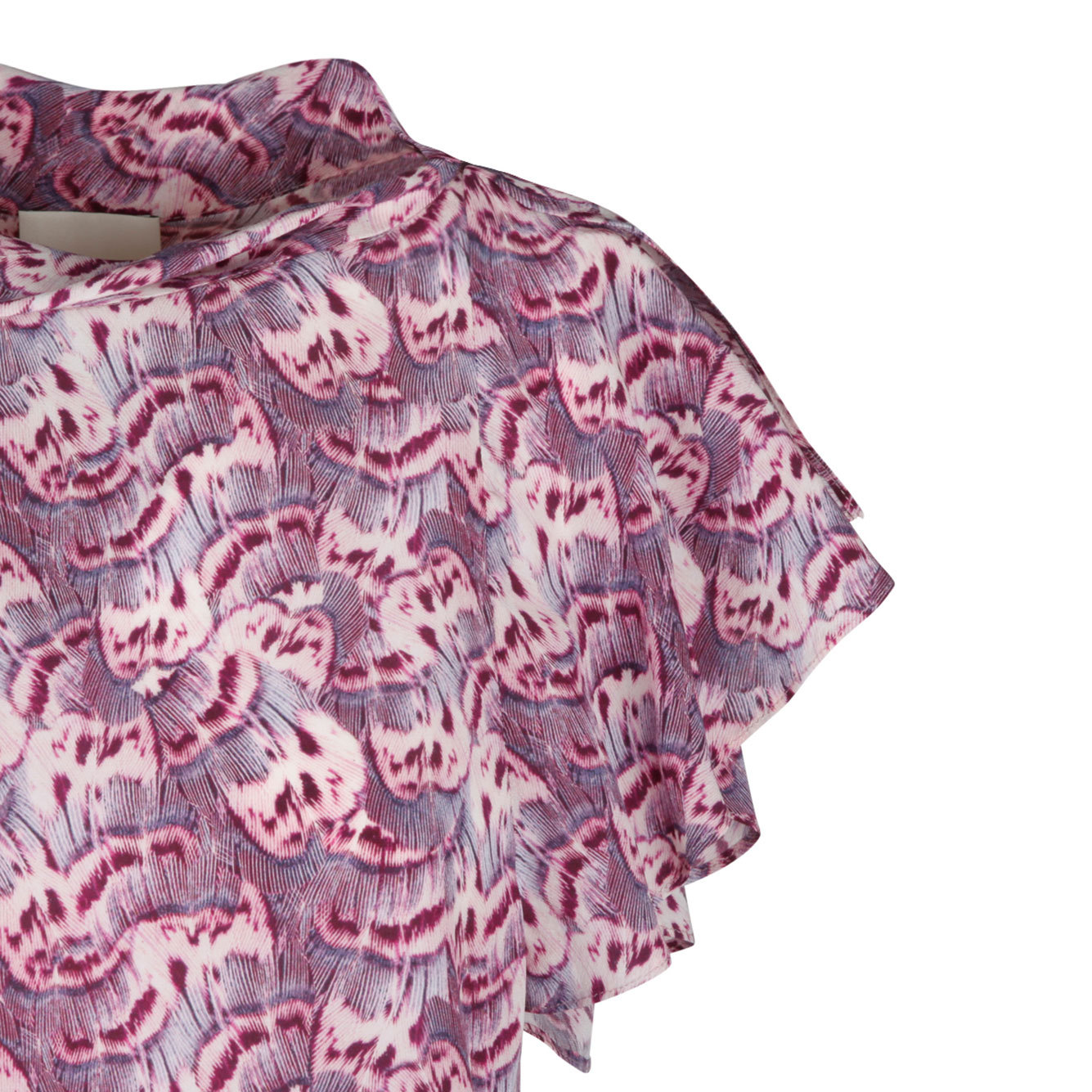 Isabel Marant Valency Feather-print Asymmetric Flutter-sleeve Silk Blouse In Pink
