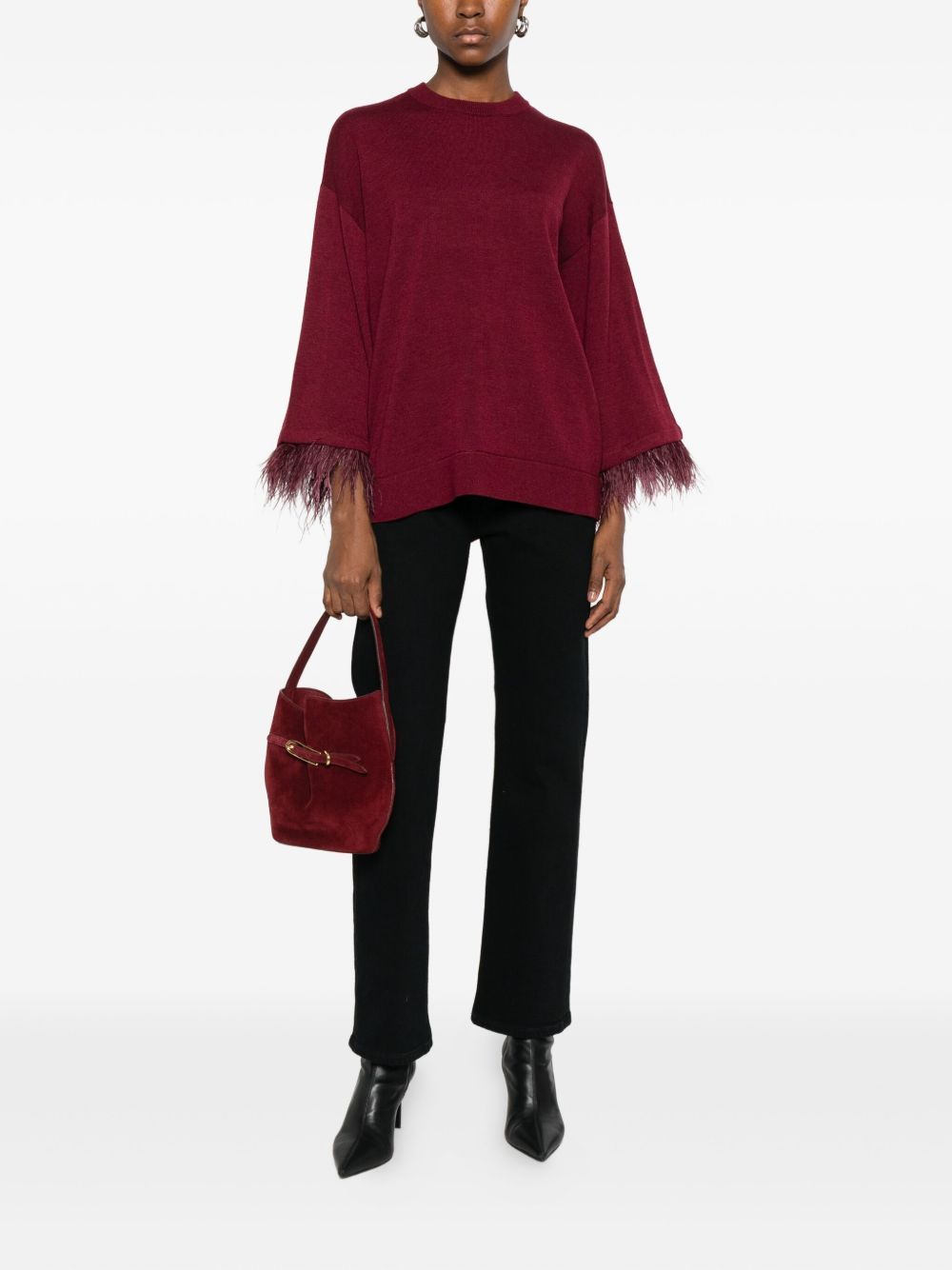 Twinset Knitted Sweater With Feather Trim At The Hood In Burgundy