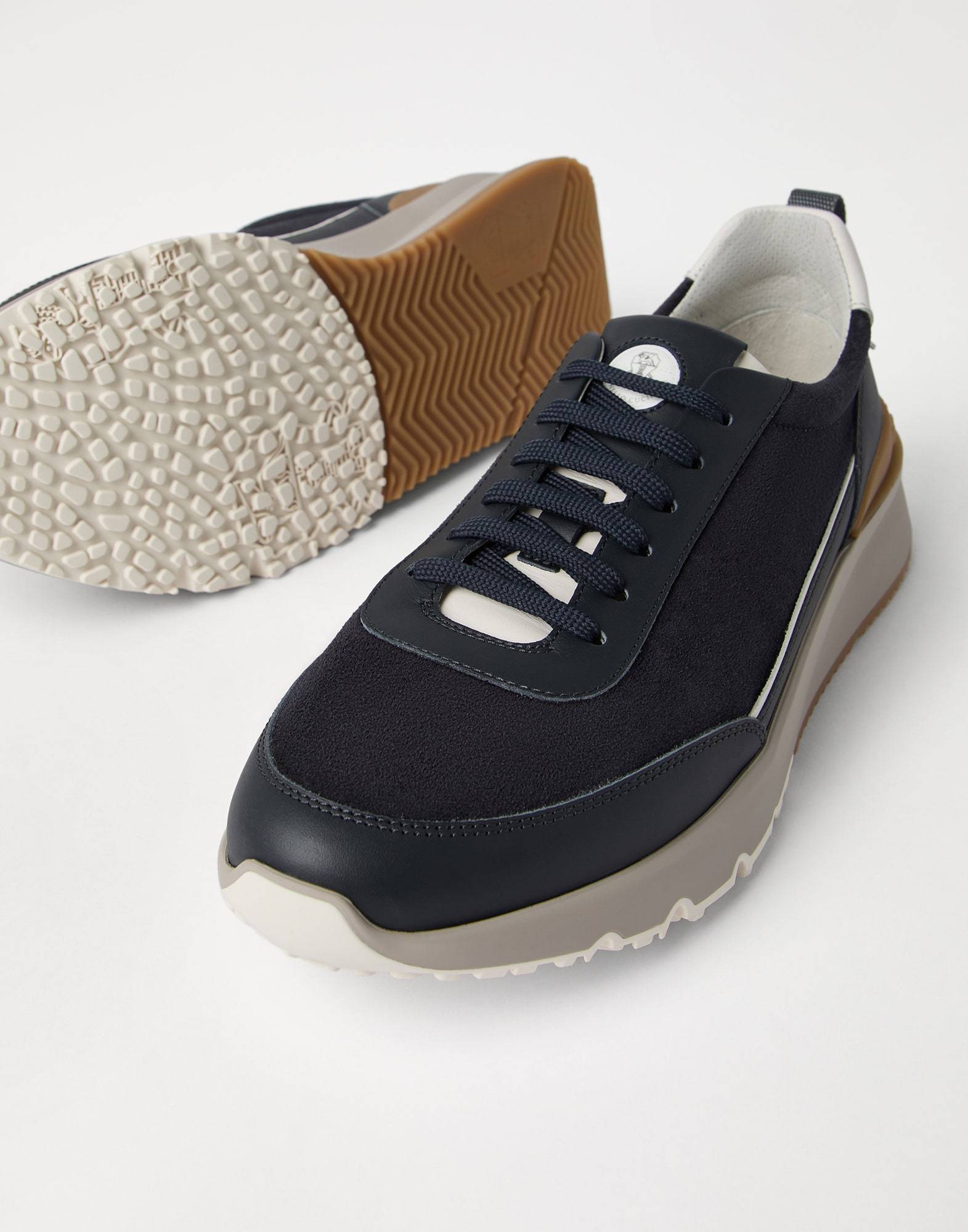 Brunello Cucinelli Suede And Smooth Material Flat Shoes With Contrasting Sole In Blue