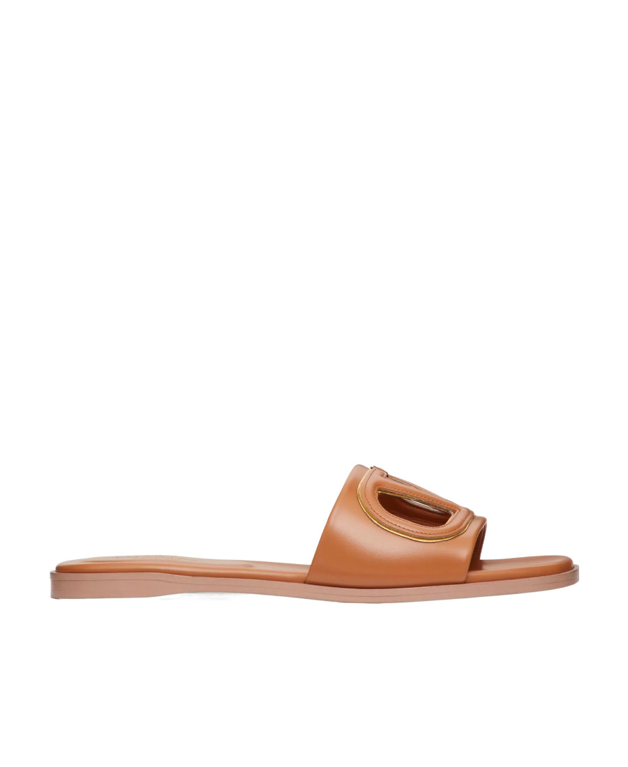 Valentino Vlogo Signature Flat Leather Sandals In Brown