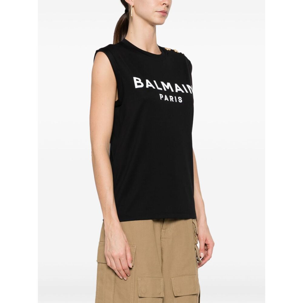 Balmain Embossed-buttons Logo-print Tank Top In Black