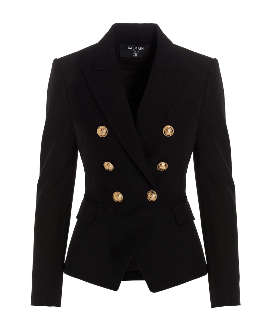 Balmain Black Double-breasted Jacket With Branded Buttons And Asymmetric Cut In Wool Woman In Black