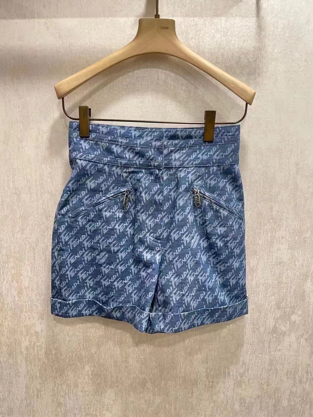 Fendi Monogram-print Denim Shorts In Blue