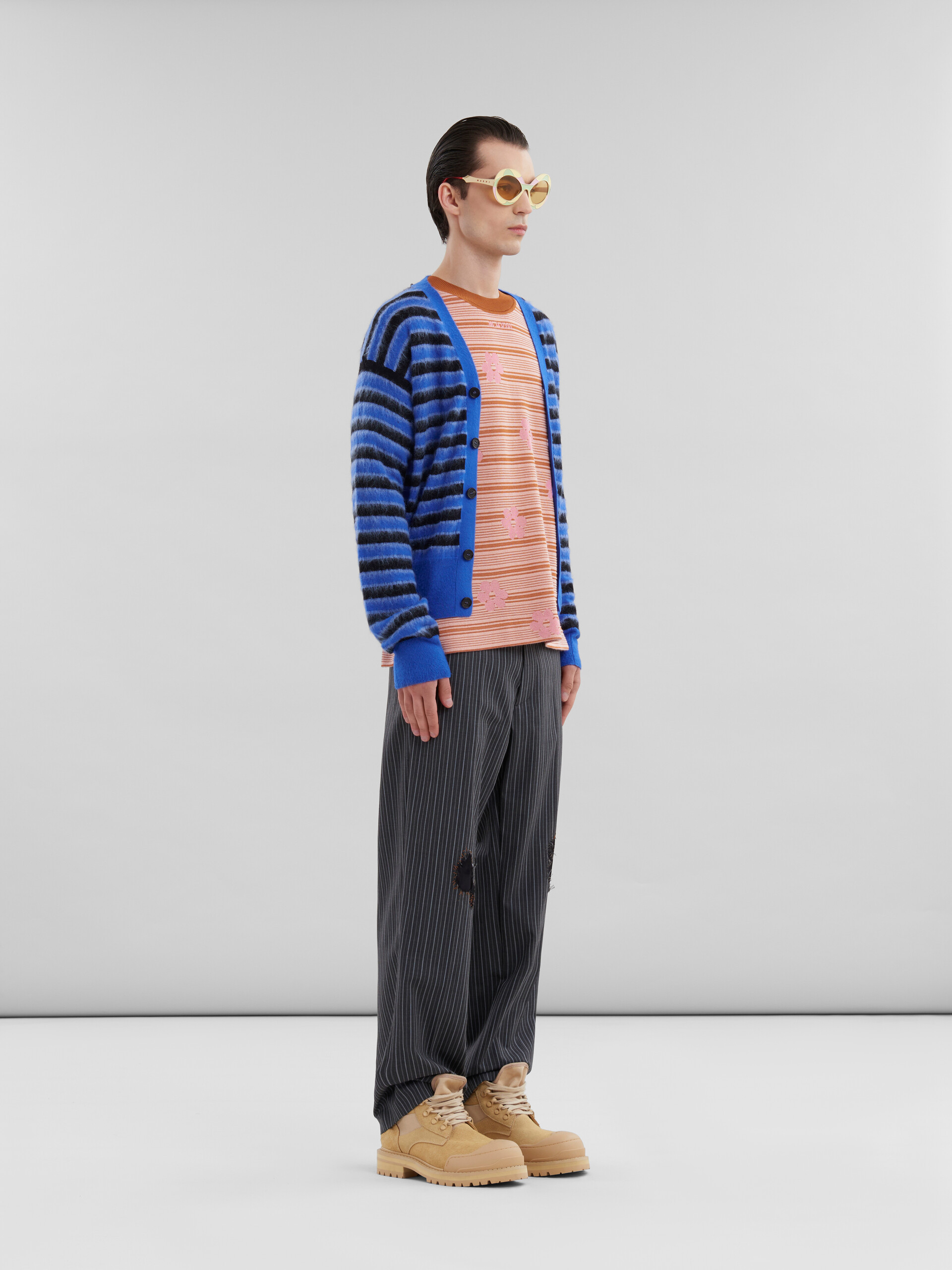 MARNI BLUE WOOL-MOHAIR STRIPED CARDIGAN