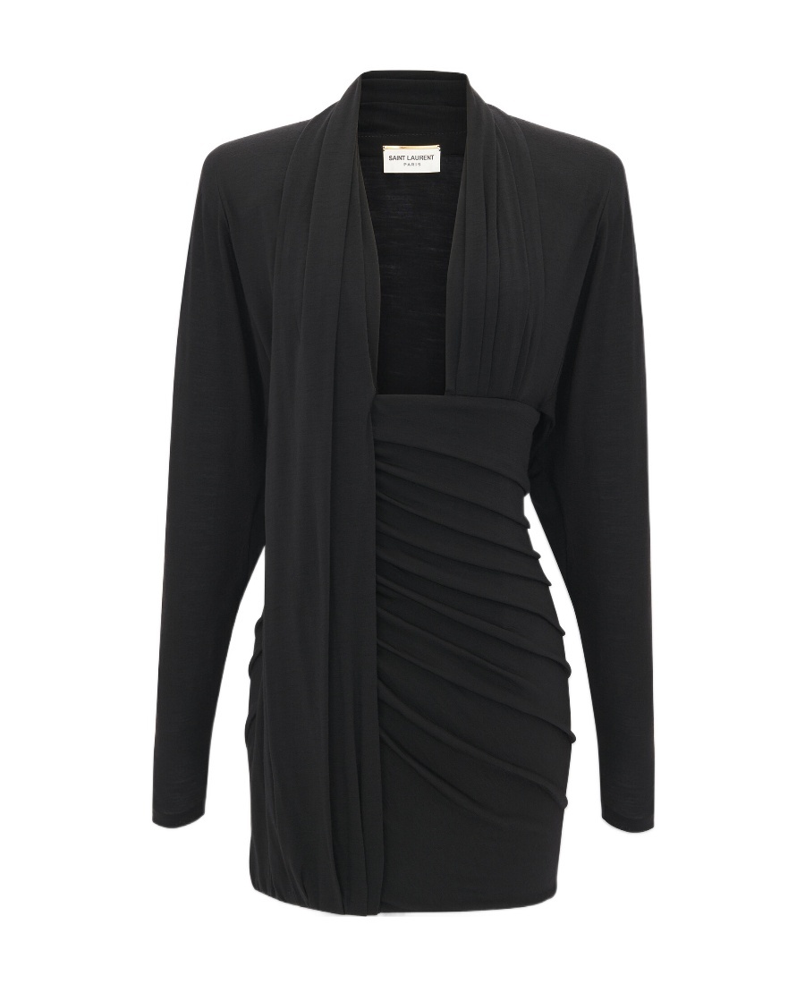 Saint Laurent Draped Wool-jersey Mini Dress In Black