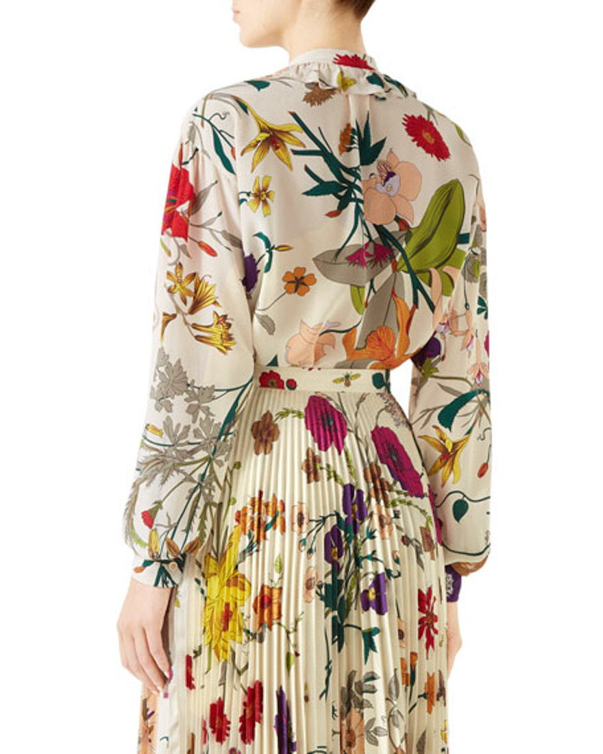 Gucci Ruffle Trim Floral Shirt In White