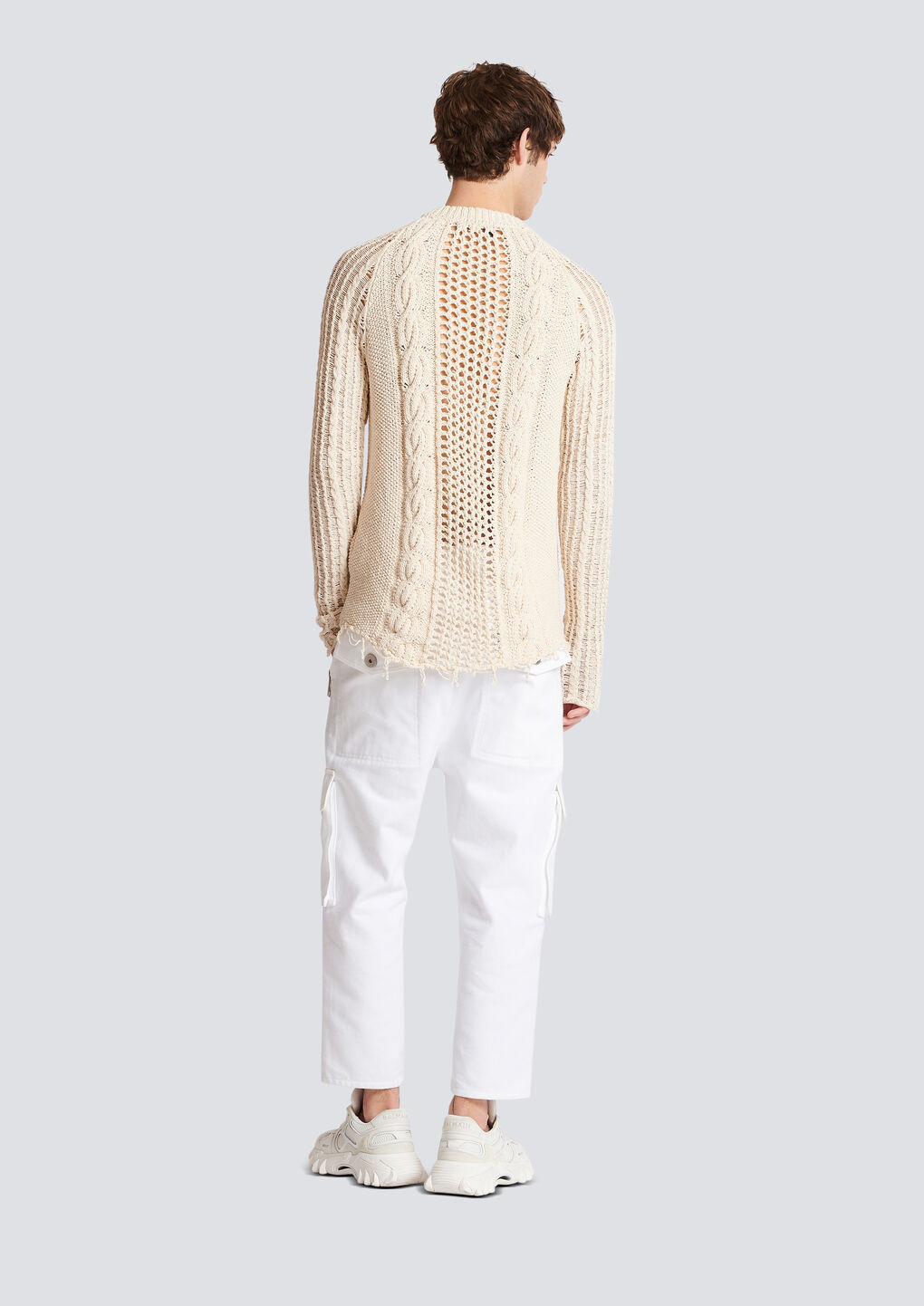 Balmain Distressed Cable-knit Jumper In White