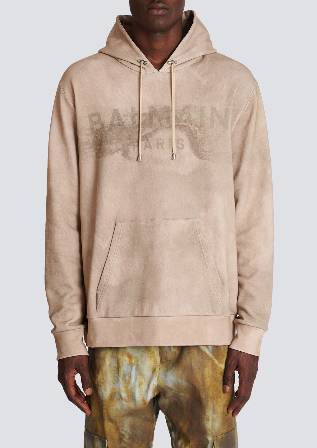 Shop Balmain Hoodie In Eco-responsible Cotton With Paris Desert Logo Print In Nude
