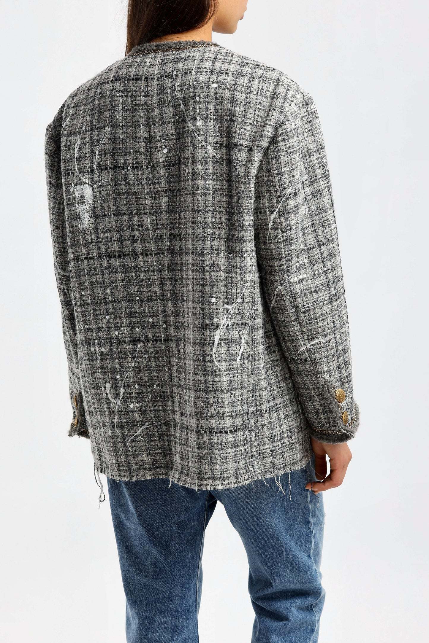 R13 Paint-splatter Buttoned Tweed Jacket In Gray