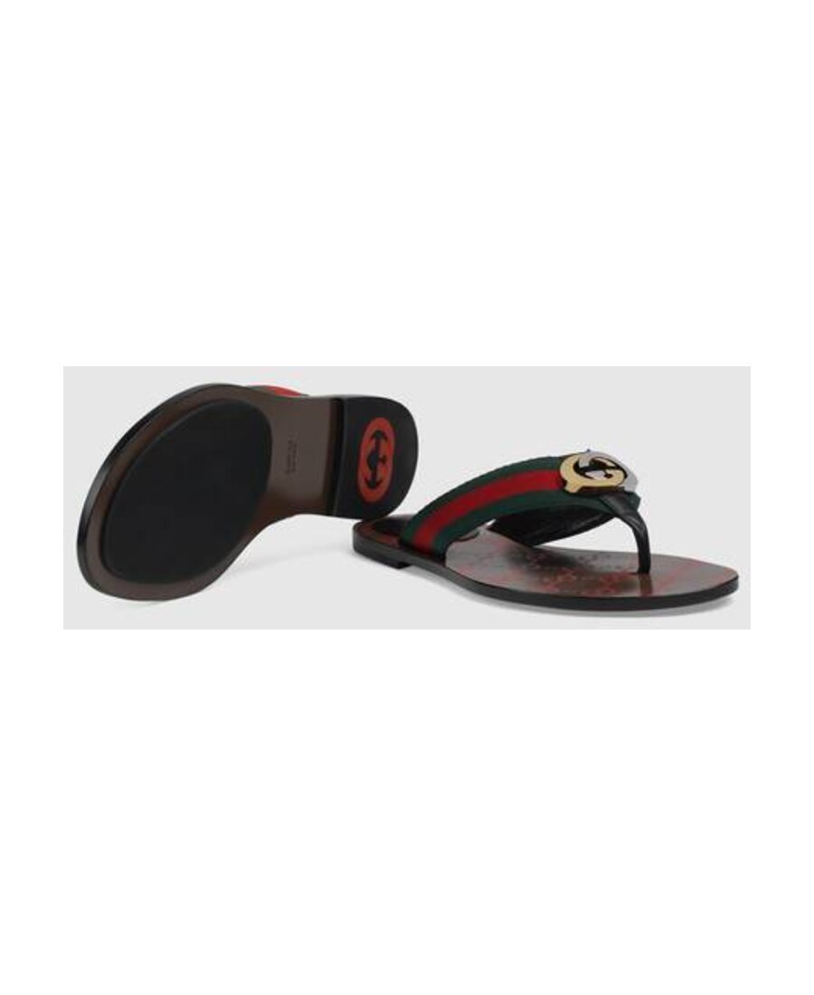 Gucci Gg Web Leather Thong Sandals In Black