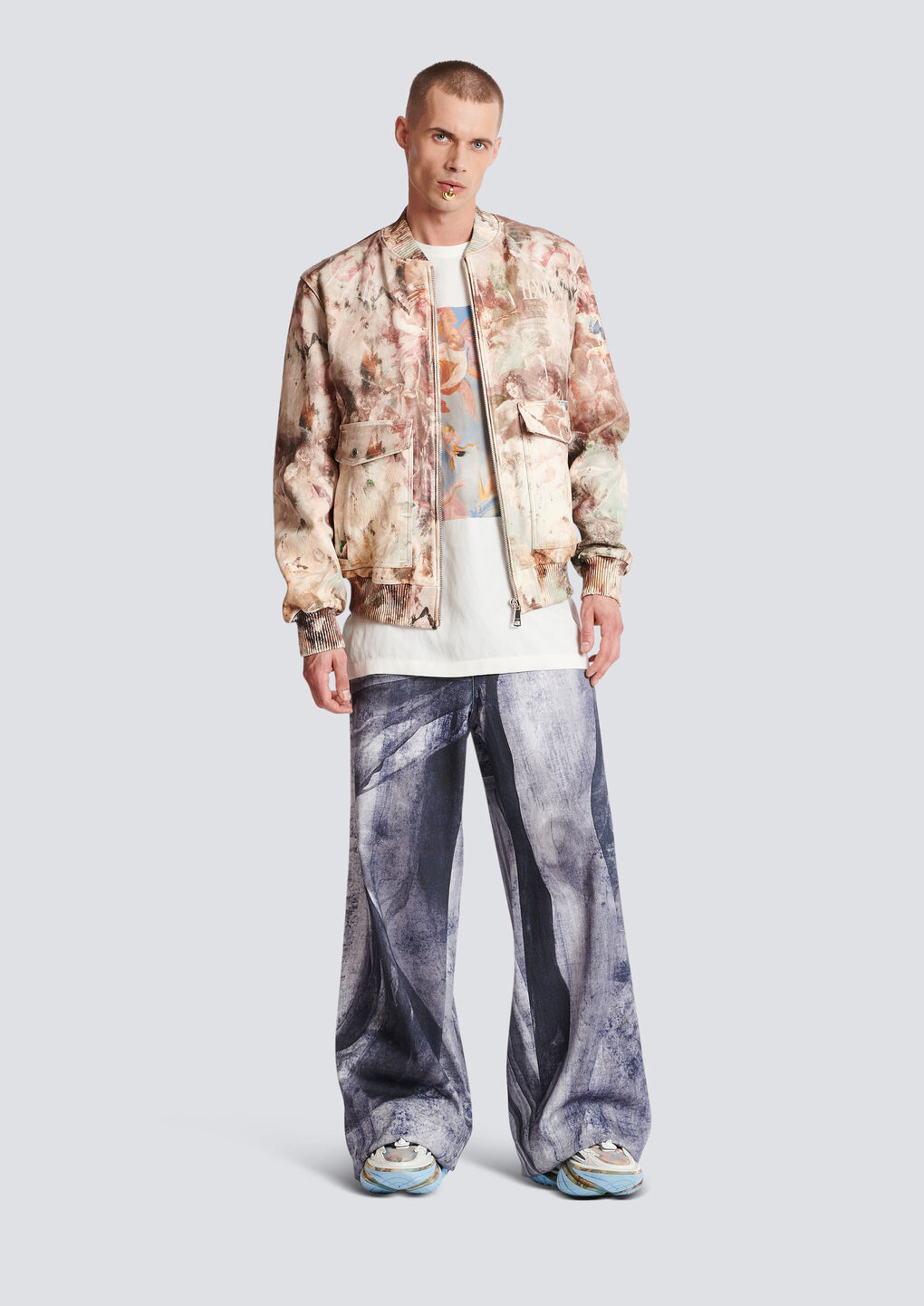 Balmain Painting-print Leather Bomber Jacket In Nude