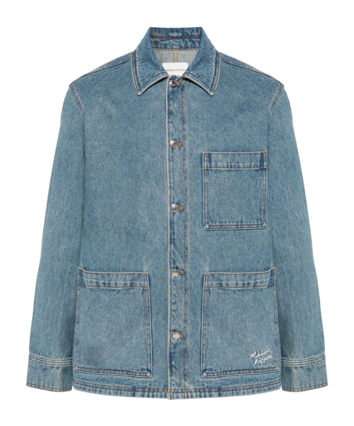 Shop Maison Kitsuné Single-breasted Front Pocket Denim Coat In Gray
