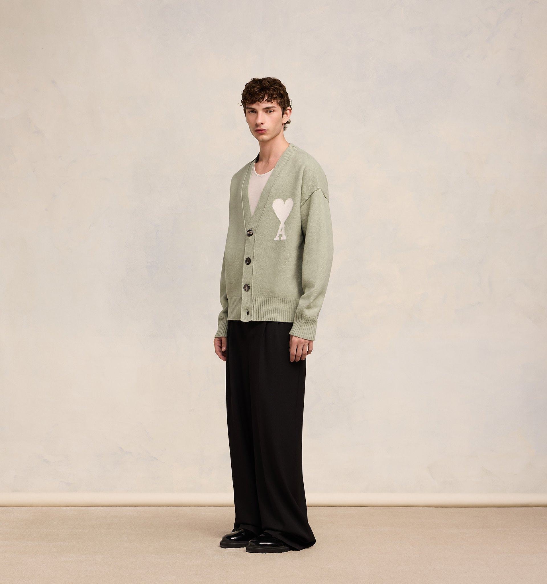 Ami Alexandre Mattiussi Ami Paris Ami De Coeur Wool Cardigan Sage Green In Green
