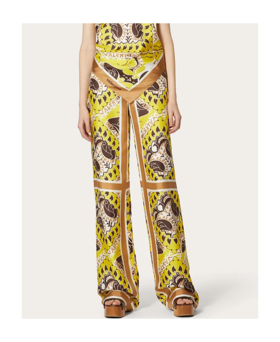 Valentino Paisley-print Logo Branded Silk Trousers In Nude
