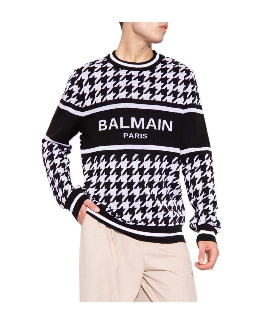 Balmain Logo-print Houndstooth Jumper In Black