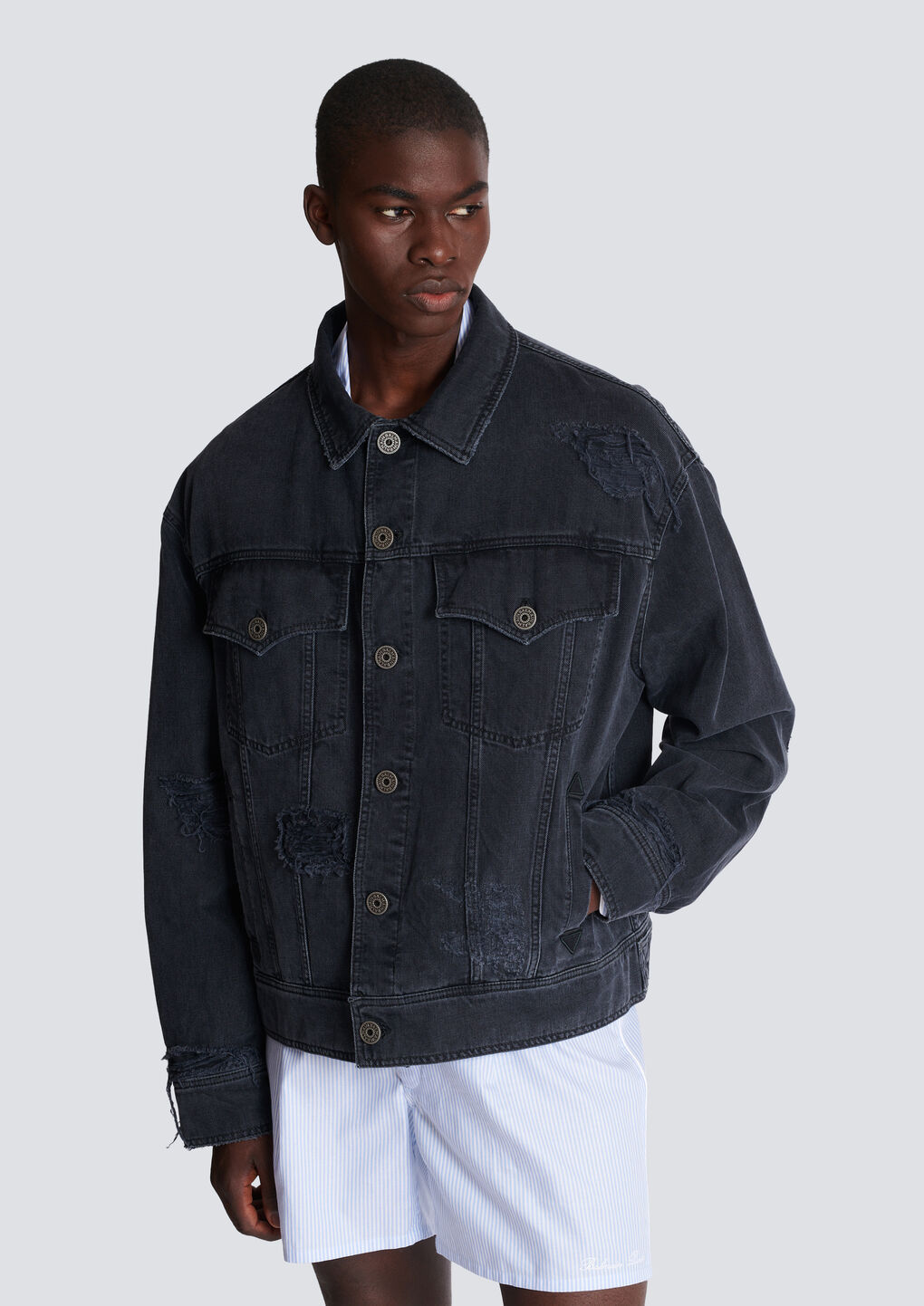 Balmain Worn-effect Denim Jacket In Black