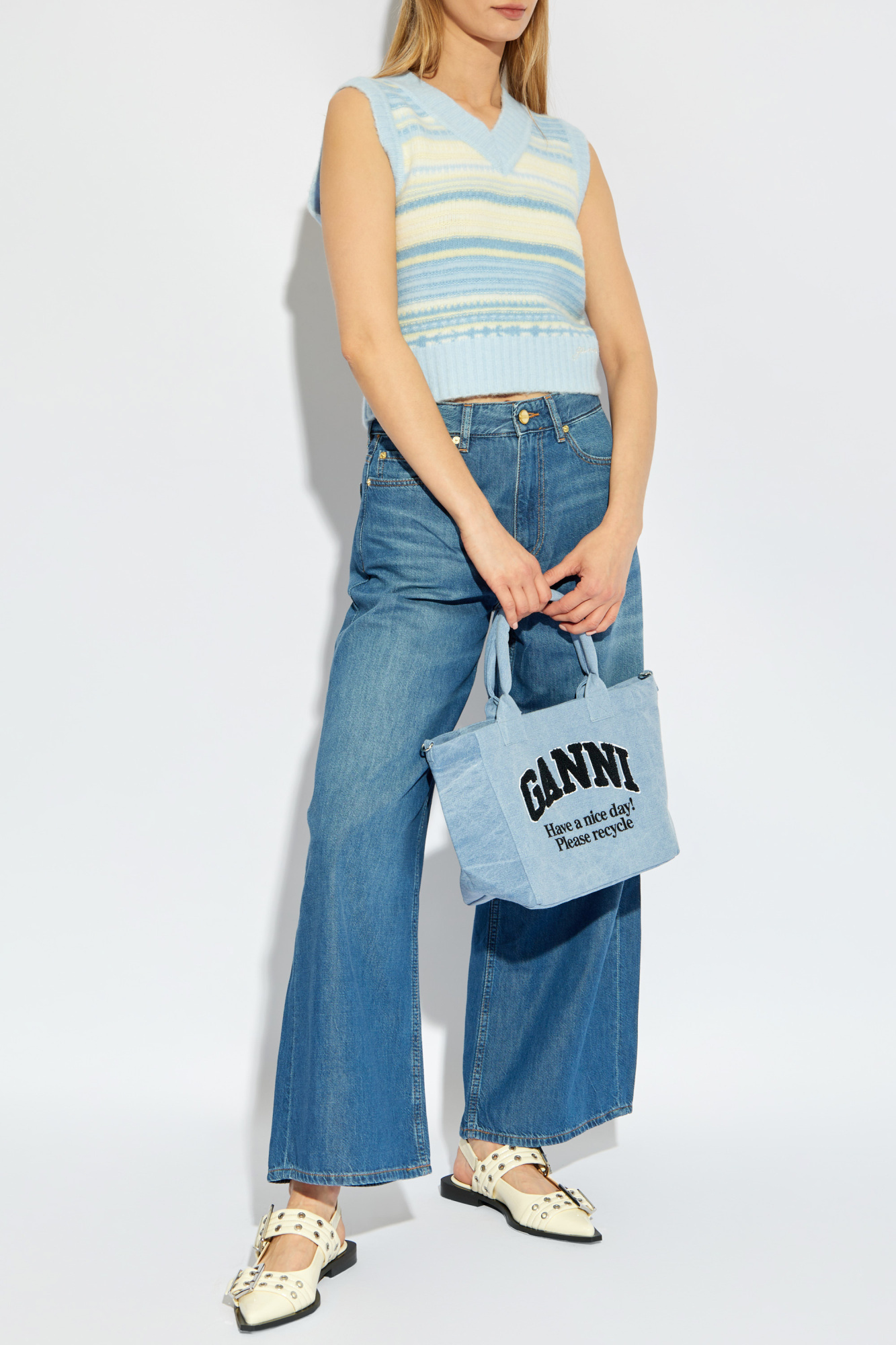 Ganni Women's Mid Blue Denim Wide Leg Jeans In Blue