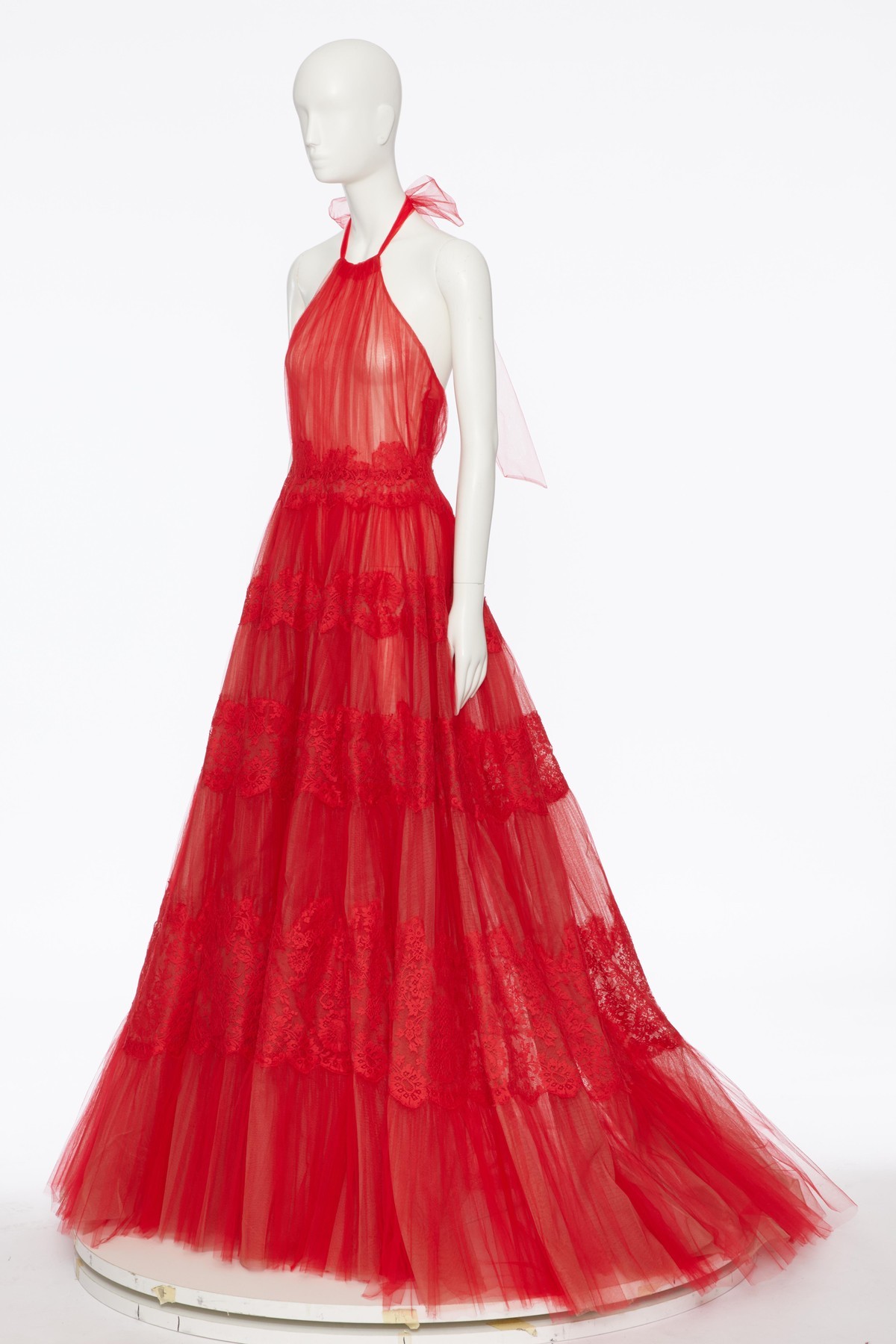 Valentino Sheer Tulle Lace Panel Halter Backless Gown In Rose