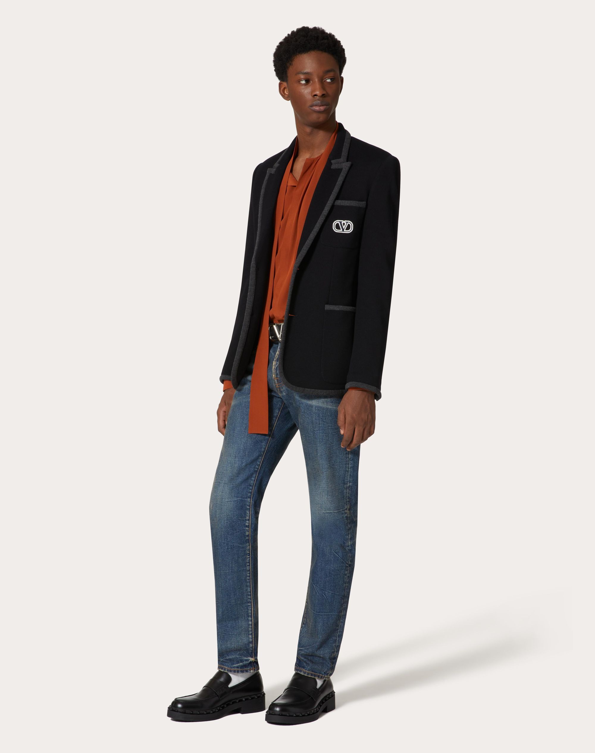 Shop Valentino Single-breasted Cotton Jersey Jacket With Vlogo Signature Patch In Blue